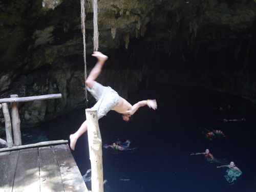 Jumping into the sink holes in Cuzama